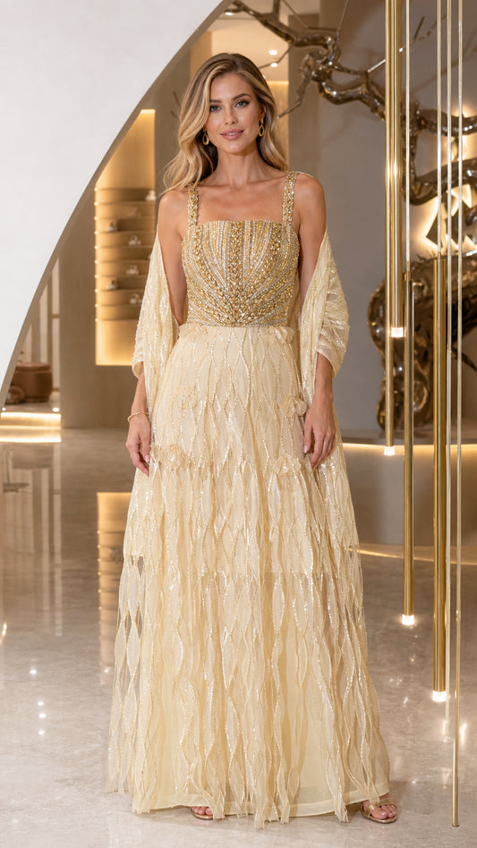 Front view of champagne sequin tiered evening gown with matching wrap