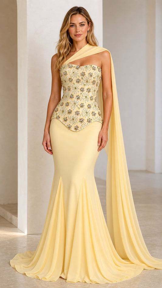 Front view of yellow one-shoulder beaded peplum evening dress