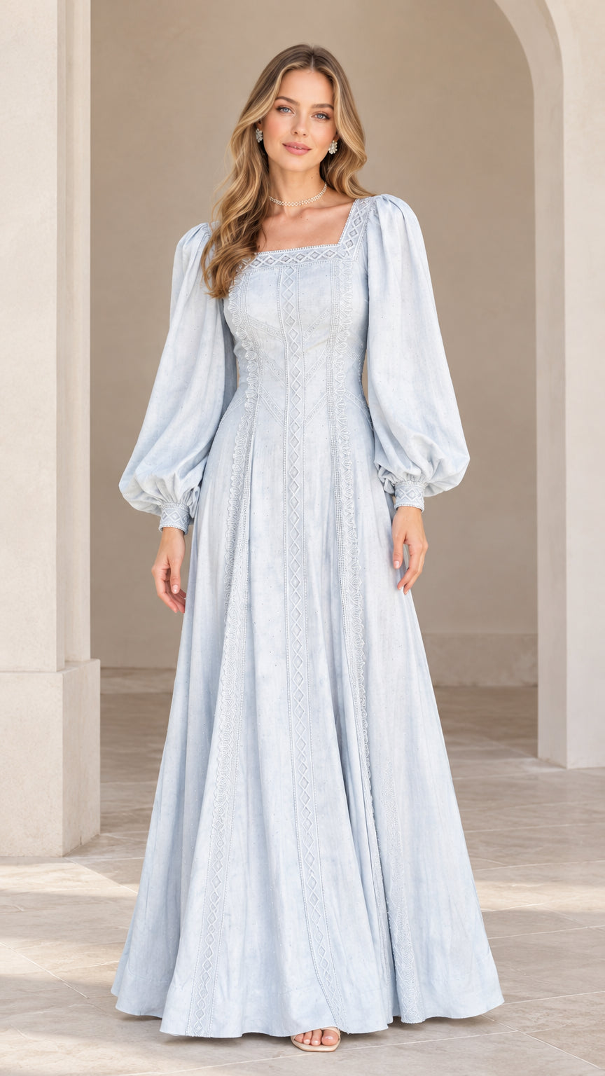 Front view of model wearing Light Blue embroidered lantern sleeve square neck maxi dress