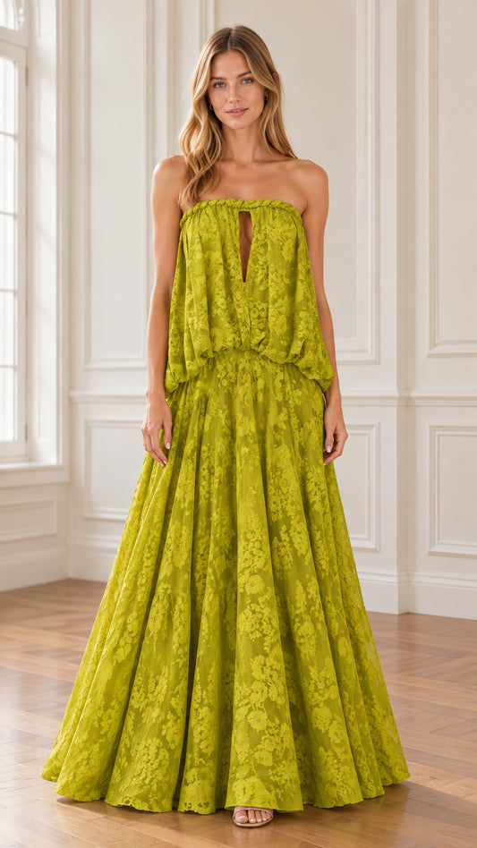 Front full-length view of model wearing Chartreuse Green strapless floral lace maxi dress