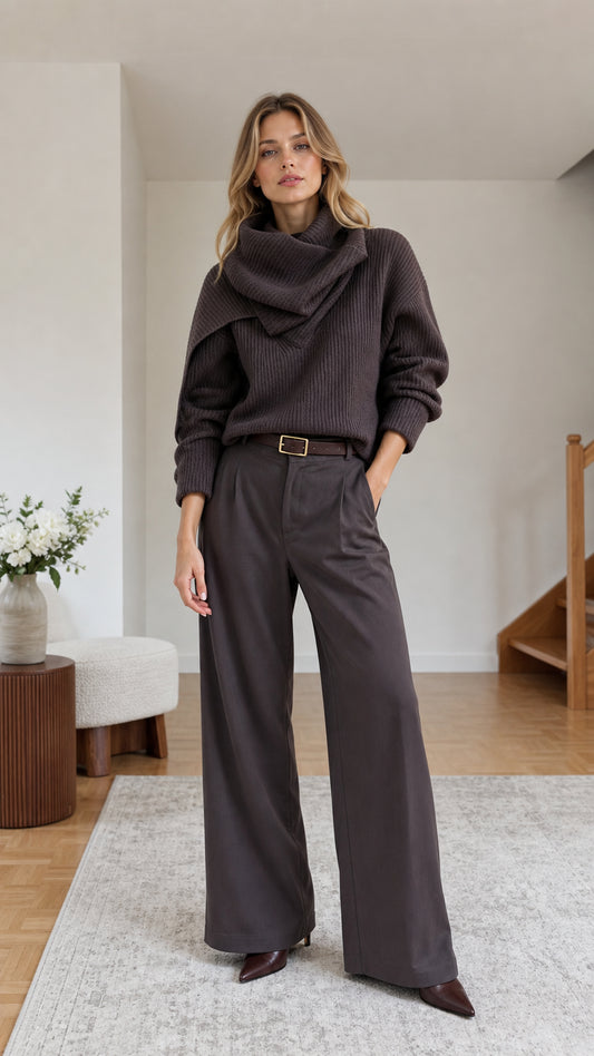 Front view of woman wearing dark brown asymmetric drape neck ribbed knit sweater with wide leg trousers