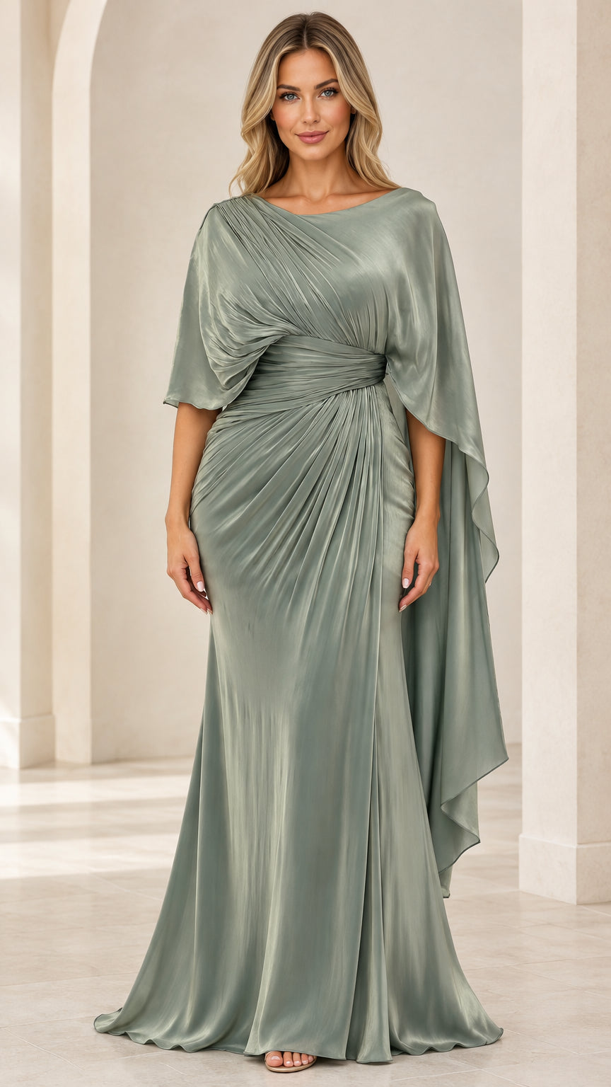 Sage Green pleated cape sleeve evening gown front view