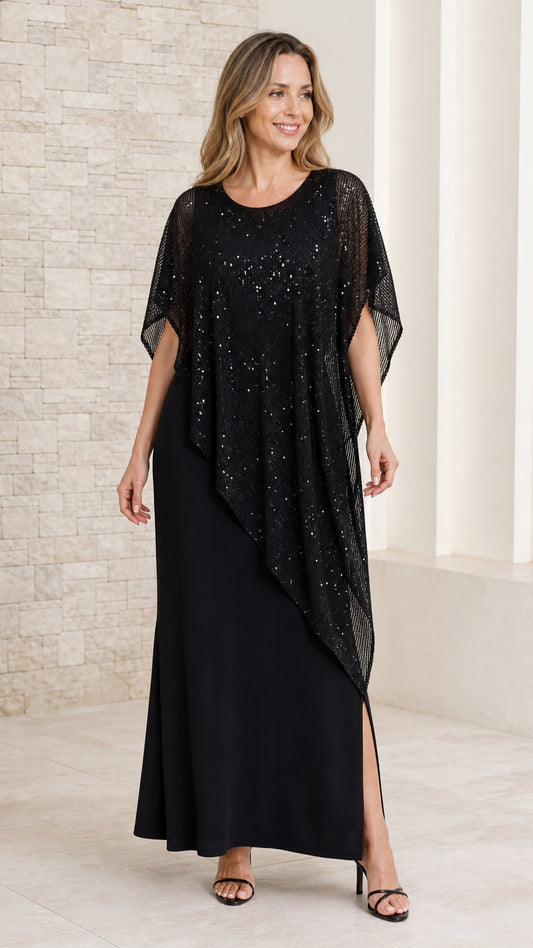 Front view of model wearing black maxi evening dress with asymmetrical black sequin capelet overlay