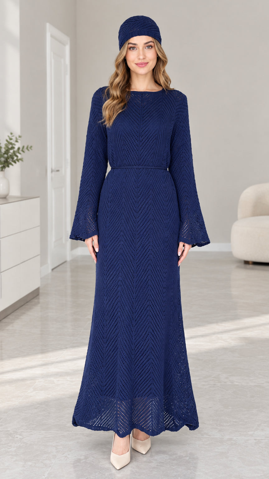 Front view of woman wearing Navy Blue pointelle knit bell sleeve maxi dress