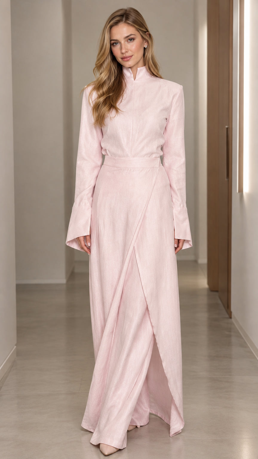 Front full view of woman wearing Blush Pink long sleeve mandarin collar wrap maxi dress