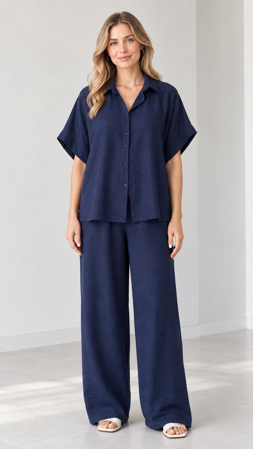 Front view of model wearing Navy Blue short-sleeve button-down shirt and wide-leg pants set