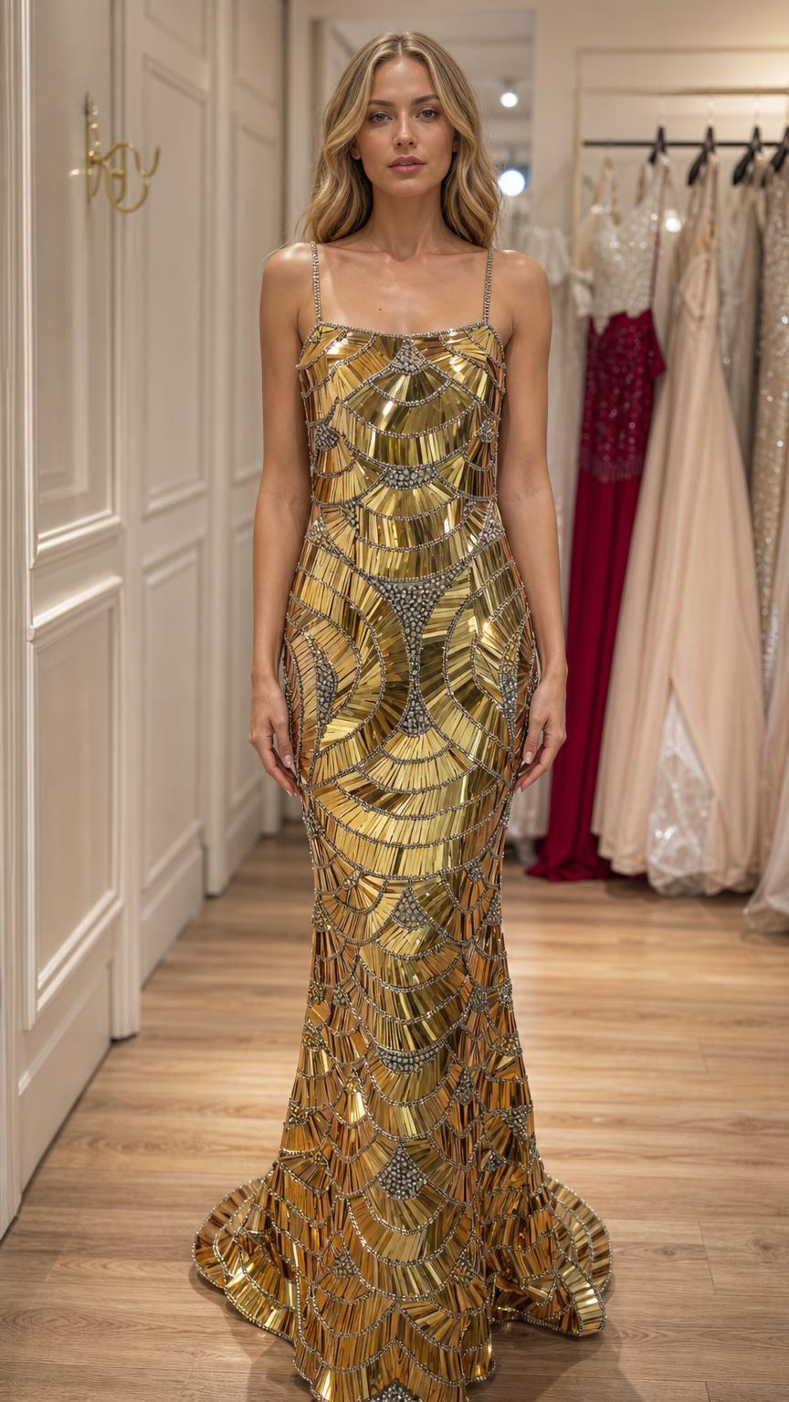 Front view of model wearing gold sequin mermaid evening gown