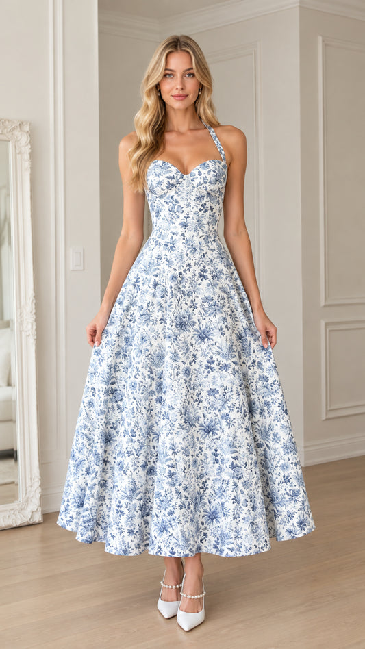 Front full-length view of woman wearing blue floral halter corset maxi dress