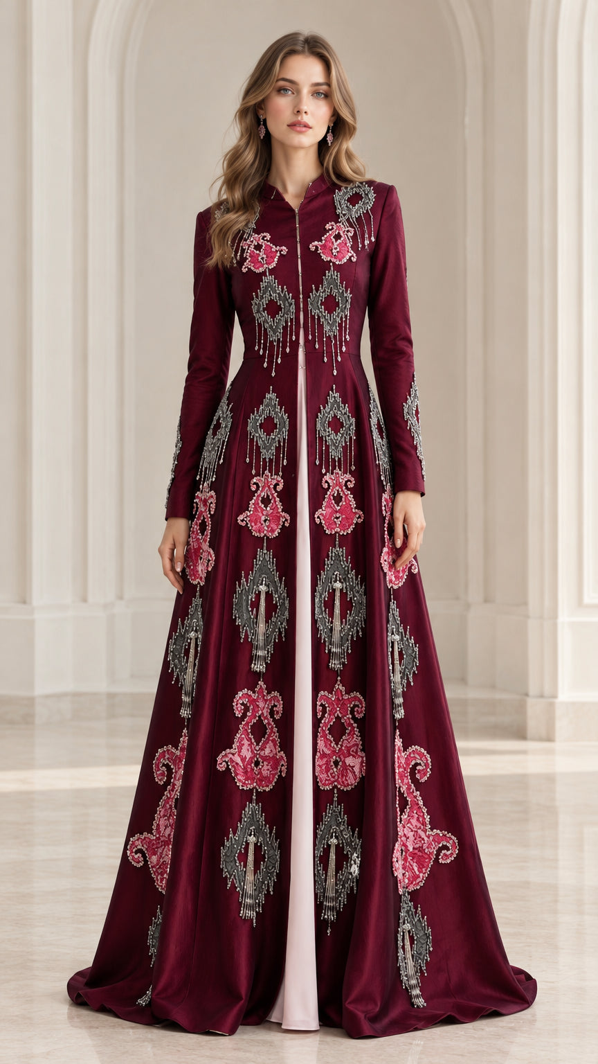 Front view of woman wearing burgundy embroidered long sleeve formal maxi gown