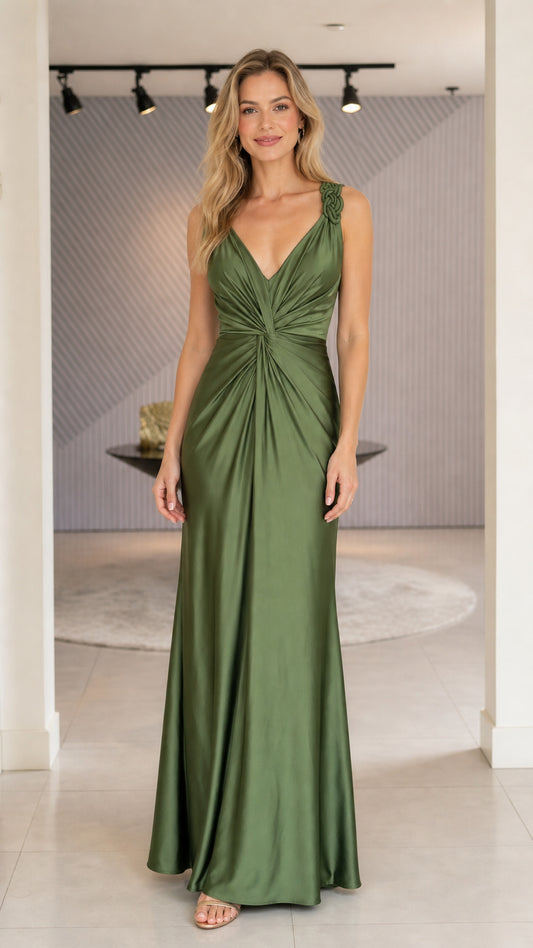 Model wearing olive green satin evening dress front view