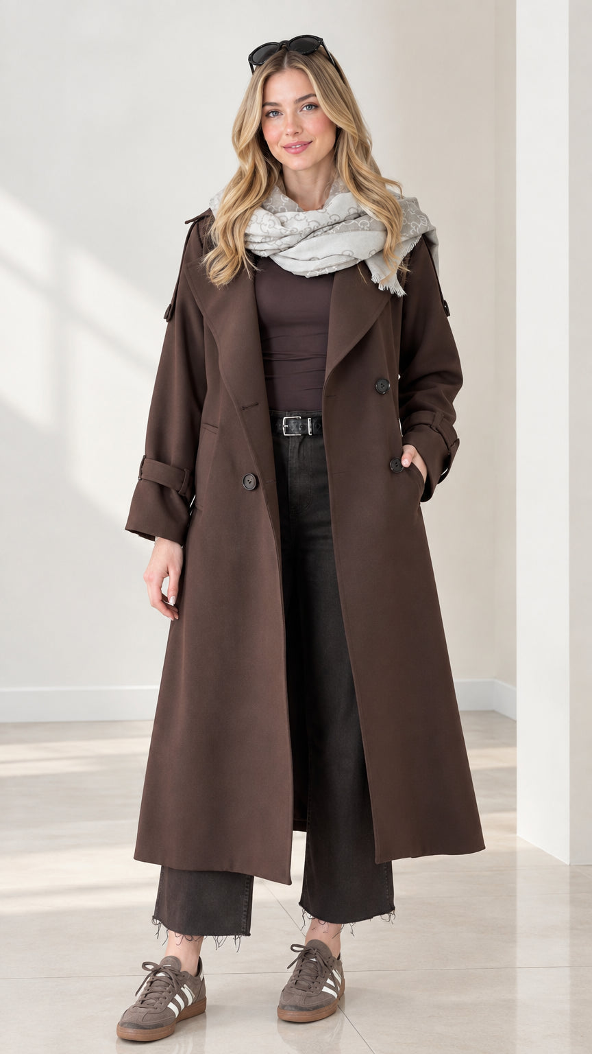 Full front view of model wearing chocolate brown long double-breasted trench coat