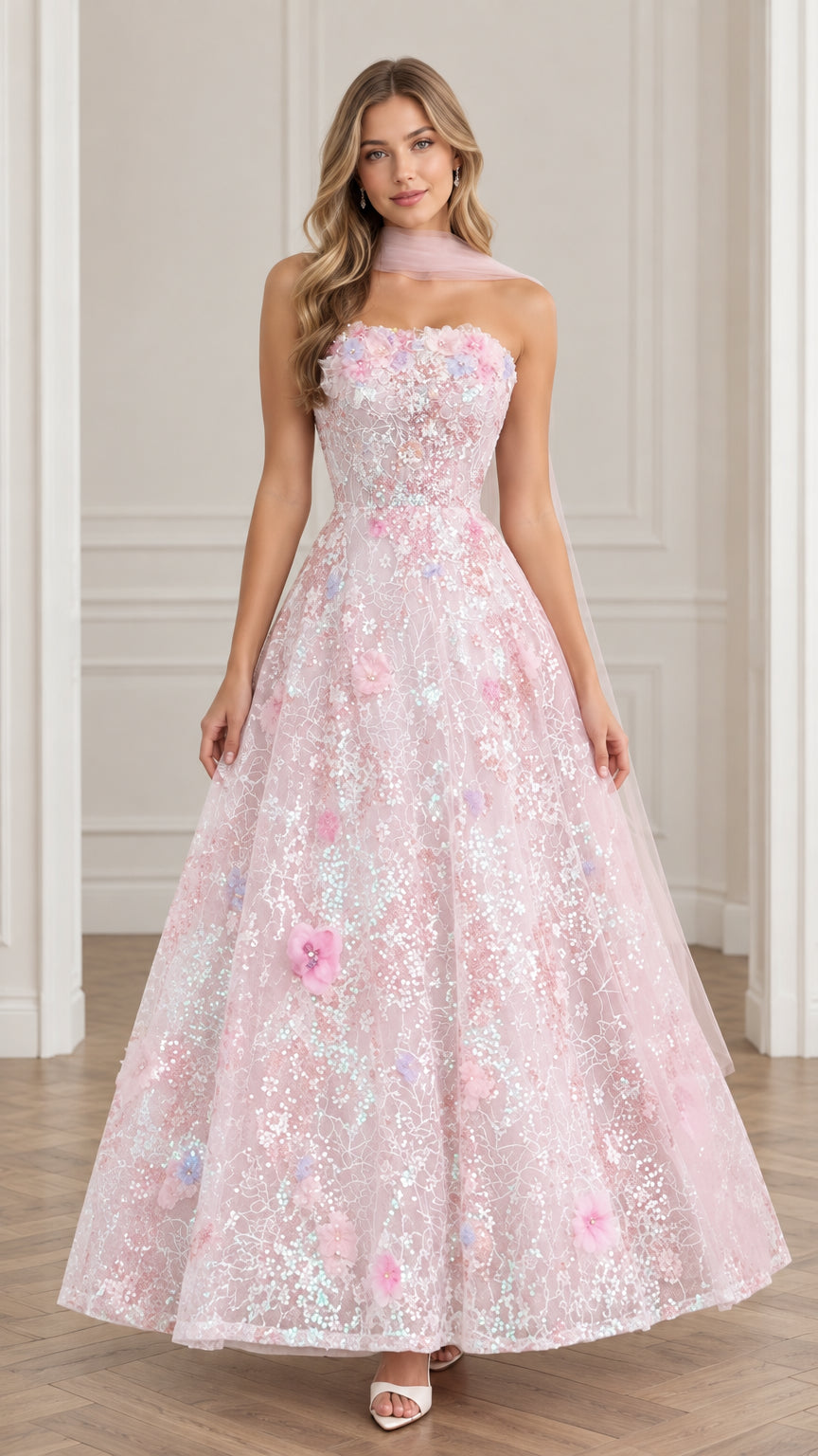 Front full-length view of model wearing Blush Pink strapless 3D floral sequin gown with matching neck scarf