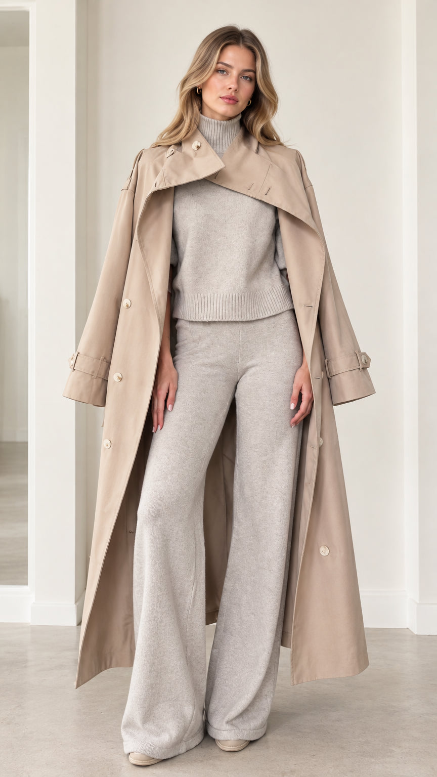 Full-length front view of woman wearing beige maxi trench coat over grey knit set