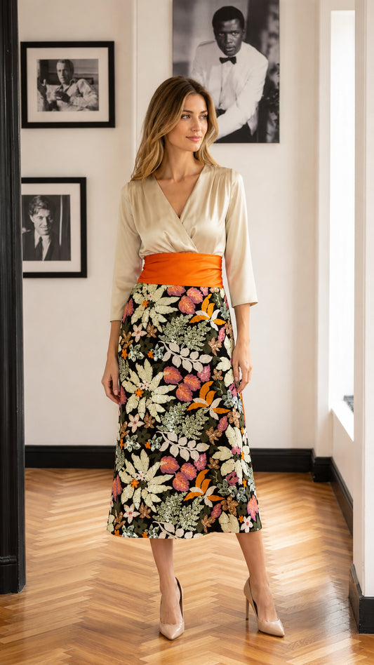 Full front view of model wearing cream and black floral midi dress with orange sash
