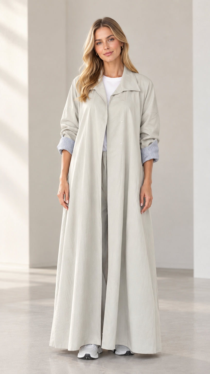 Front full-length view of woman wearing light grey maxi duster coat with matching trousers