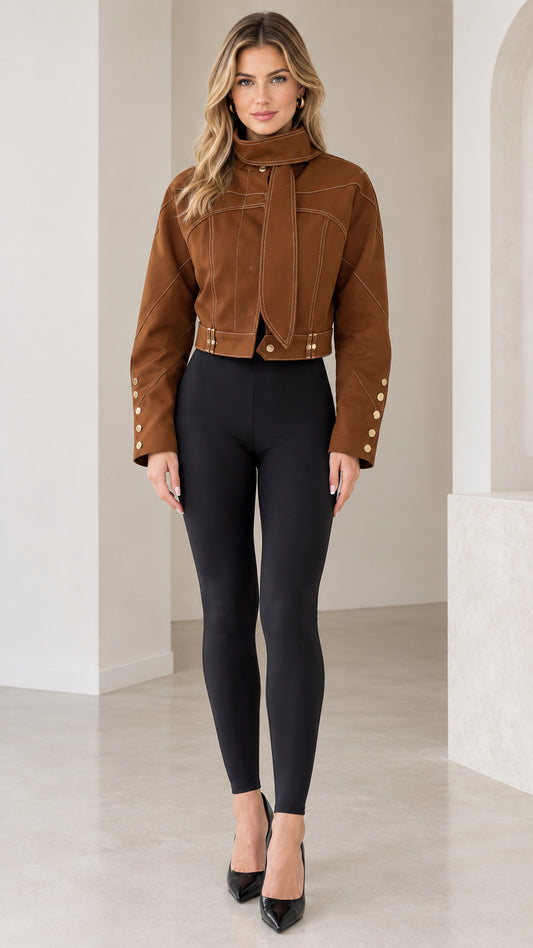 Front full view of woman wearing Caramel Brown cropped high-neck jacket with scarf tie and black leggings