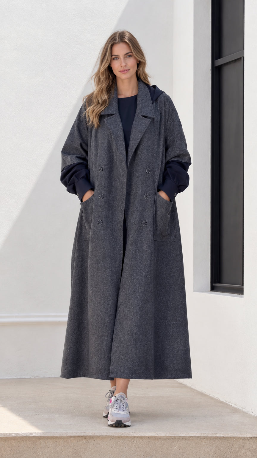Front view of woman wearing charcoal grey hooded maxi trench coat with sneakers
