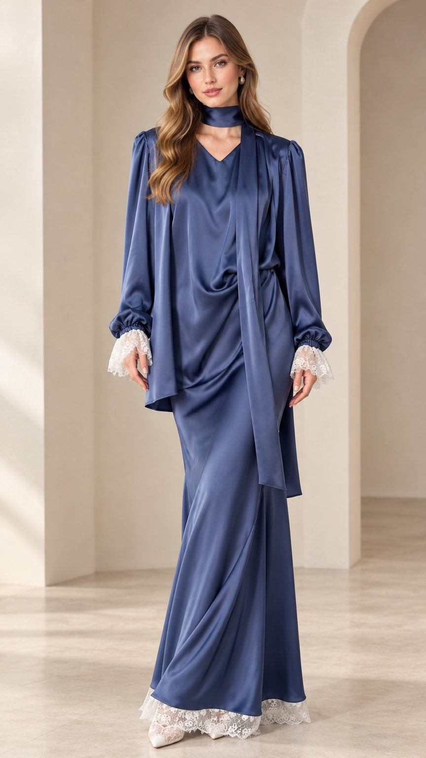 Front full view of woman wearing Dusty Blue satin draped tunic and maxi skirt set with lace trim