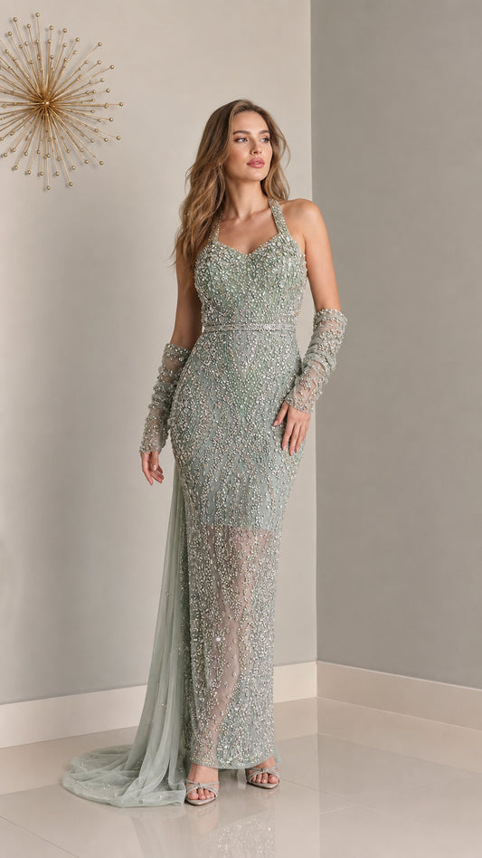 Front view of sage green embellished halter evening gown with matching sleeves