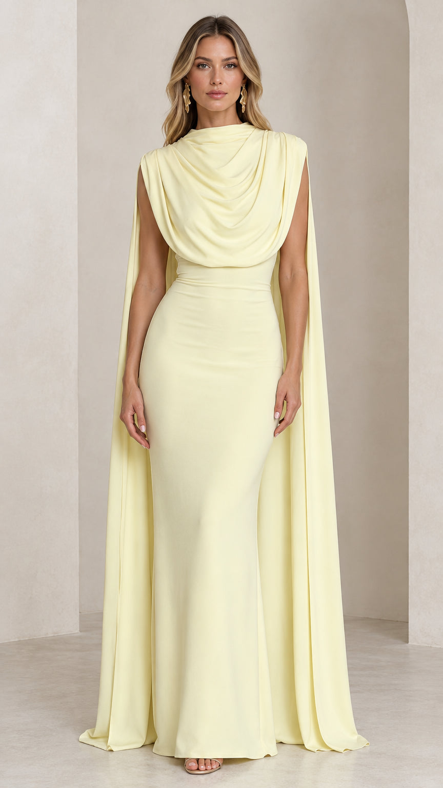 Front view of model wearing the butter yellow draped cowl neck cape maxi gown