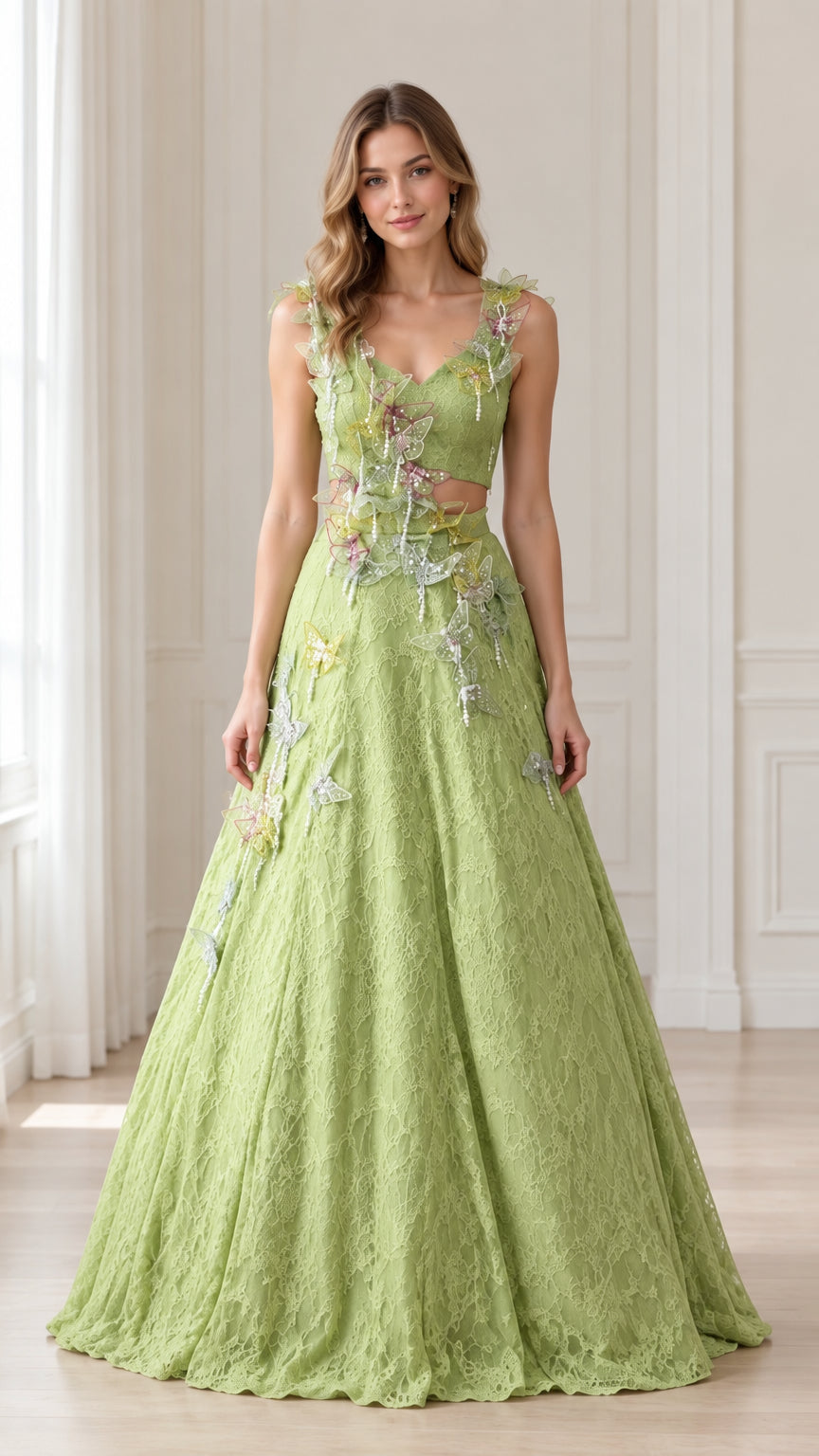 Front view of woman wearing Sage Green 3D butterfly lace cutout evening gown