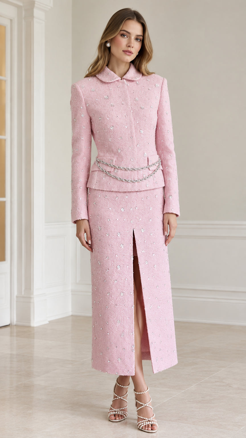 Front view of woman wearing pink embellished tweed blazer and slit maxi skirt set