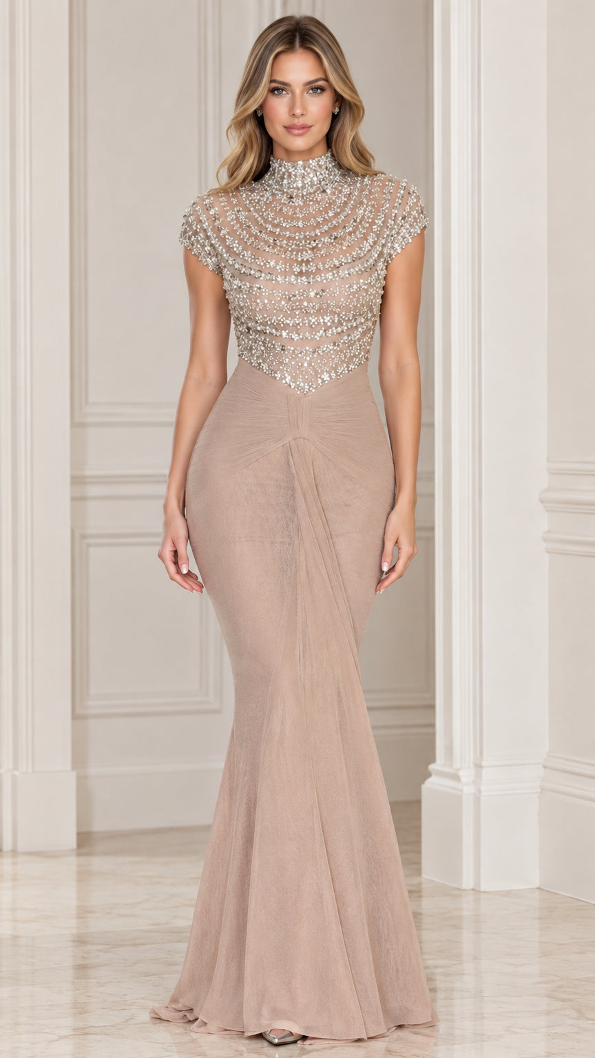 Front full-length view of taupe beaded high neck mermaid evening gown