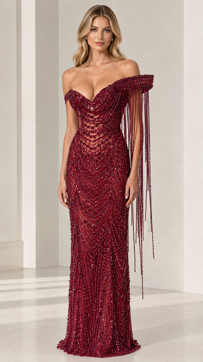 Front view of model wearing burgundy off-the-shoulder beaded evening gown with shoulder fringe