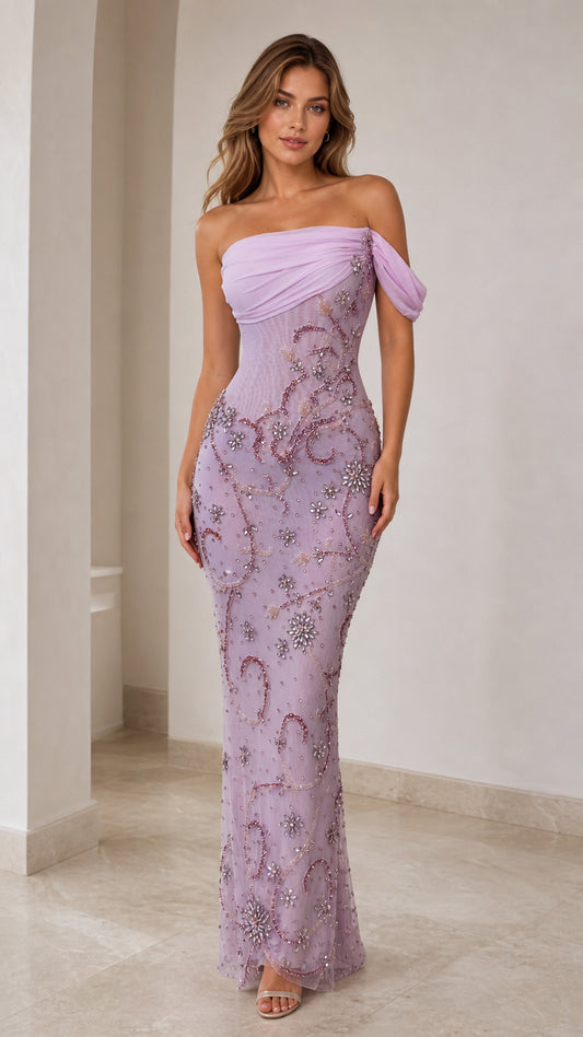 Front view of lavender one-shoulder beaded evening gown