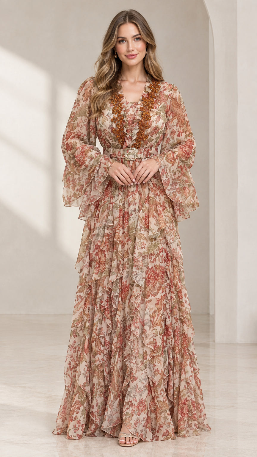 Front view of woman wearing blush floral print tiered maxi dress with matching belt