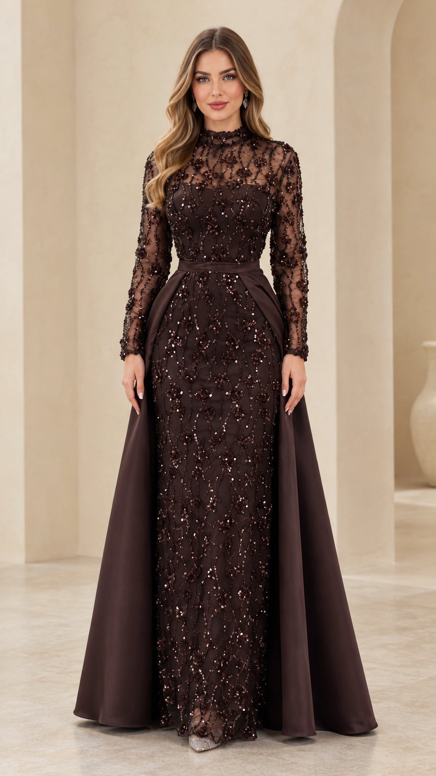 Front full-length view of model wearing chocolate brown high neck sequin lace gown with satin overskirt