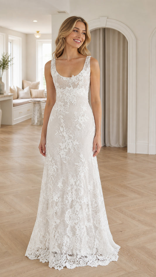 Front view of model wearing white floral lace formal long dress