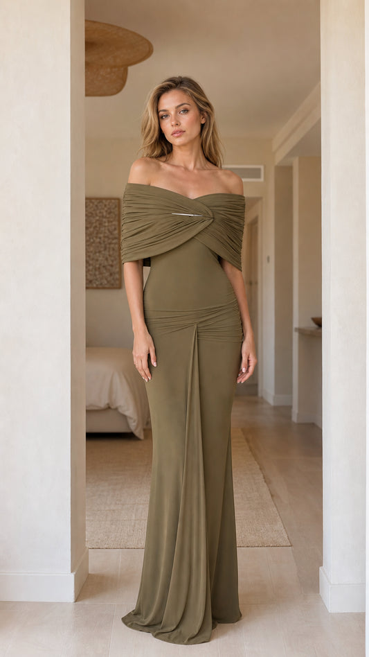Front view of olive off-shoulder draped maxi dress