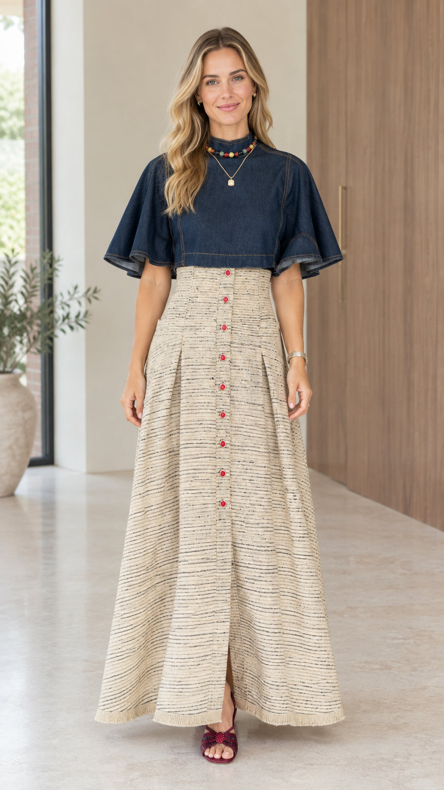 Front view of model wearing beige high-waist button-front tweed maxi dress with denim flutter-sleeve bodice