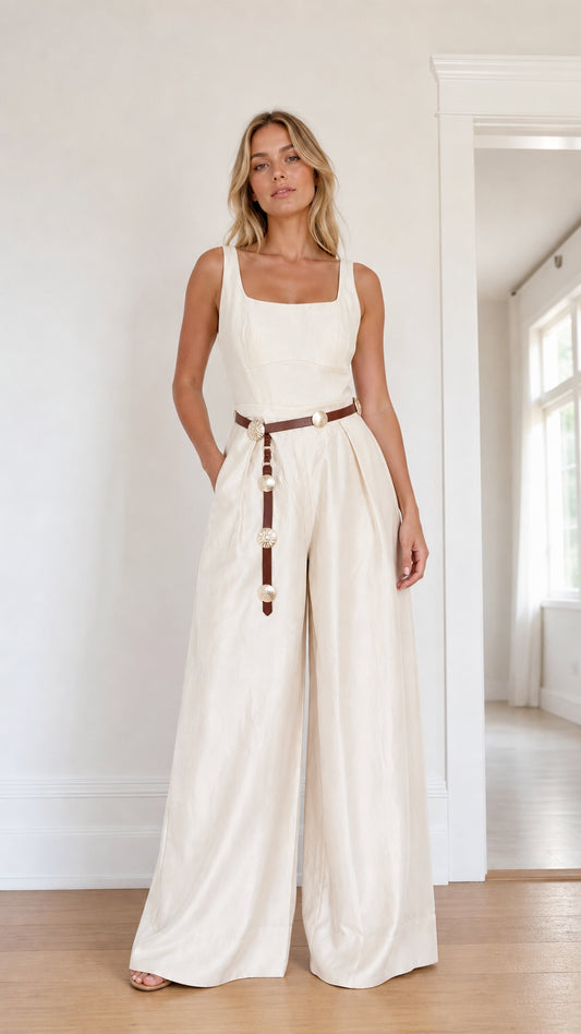Front view of model wearing ivory wide leg jumpsuit with statement belt
