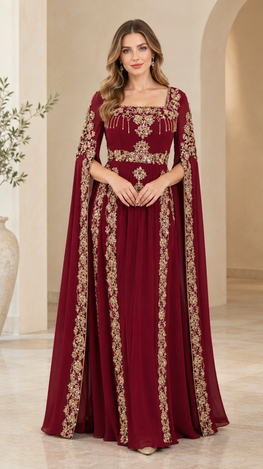 Front view of model wearing burgundy cape sleeve evening gown with gold embroidery