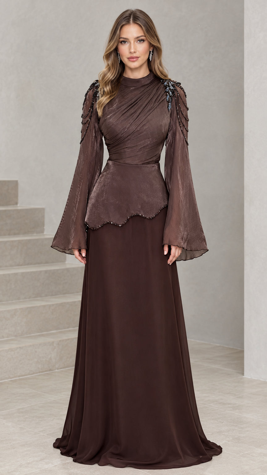 Front view of Chocolate Brown ruched mock neck evening gown with bell sleeves and beaded shoulders