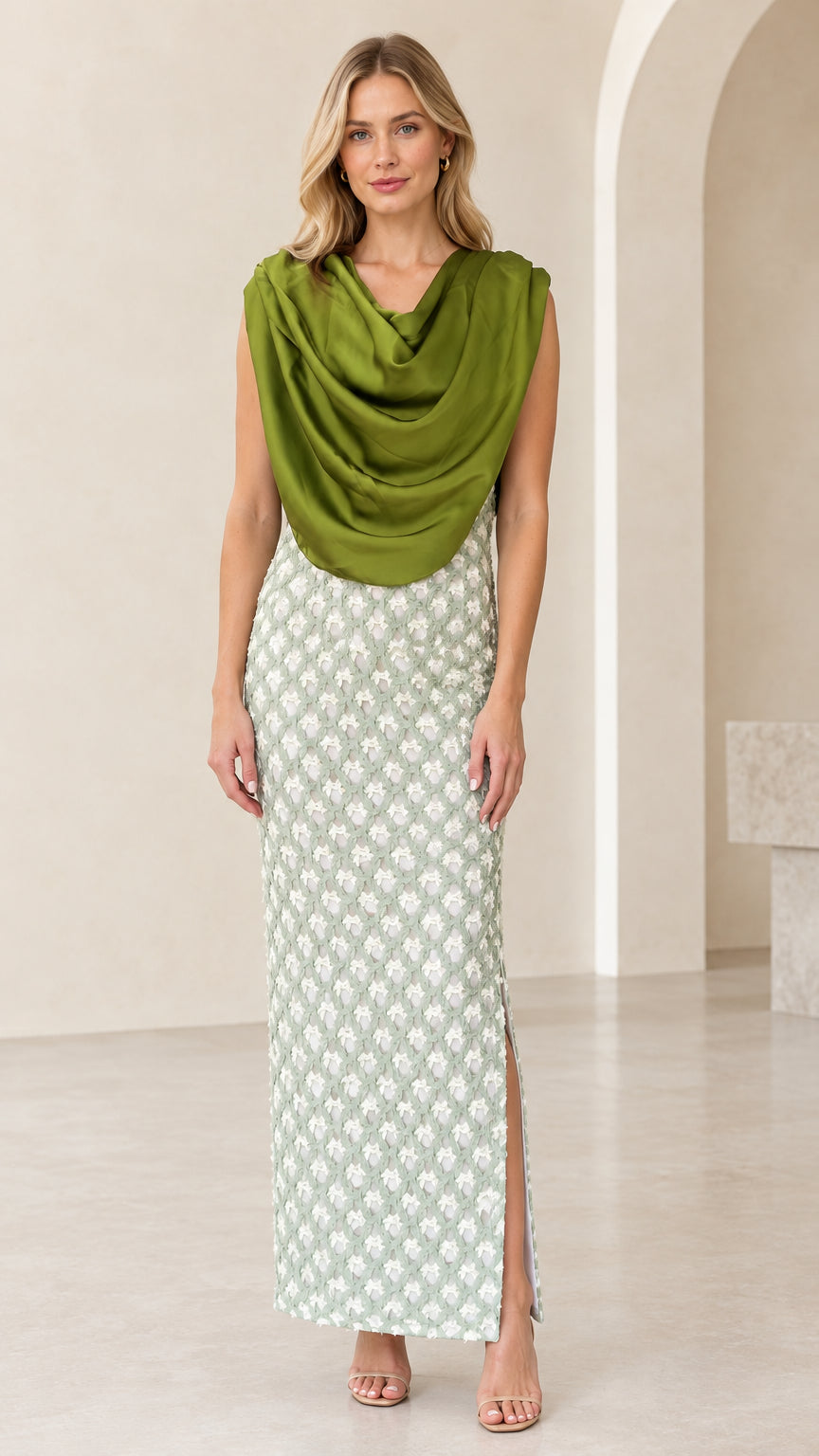 Olive Green draped cowl neck textured column maxi dress front view