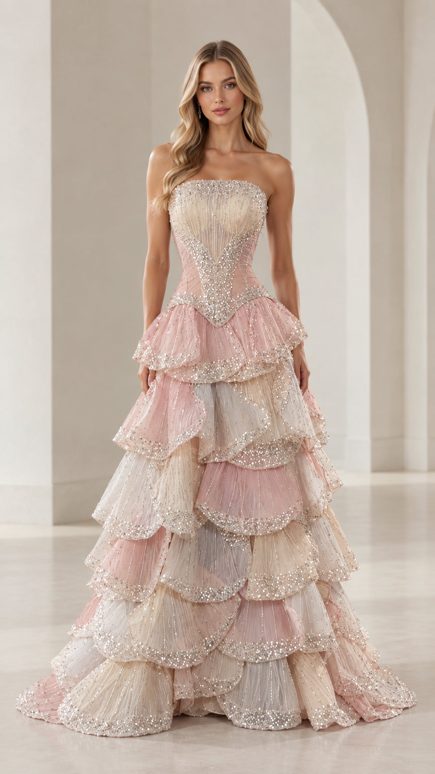 Front view of model wearing Blush Pink Multi strapless tiered ruffle ball gown with embellished Basque bodice