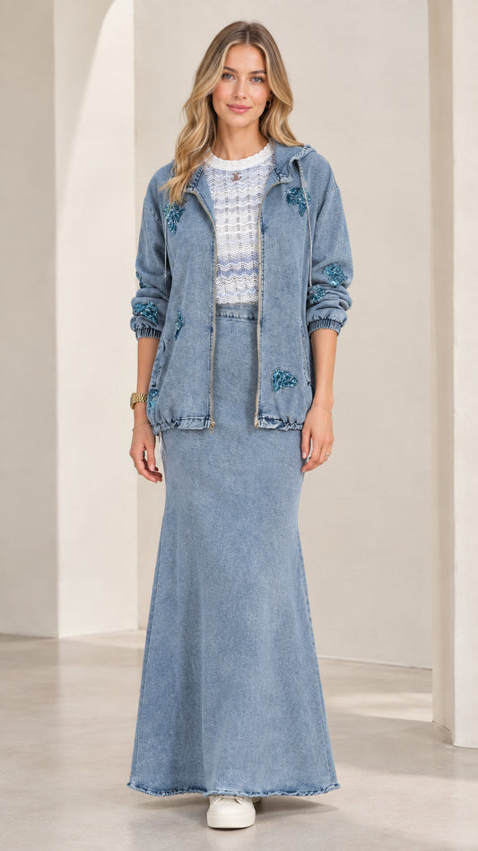 Full front view of model wearing Light Blue hooded denim jacket and matching maxi skirt set
