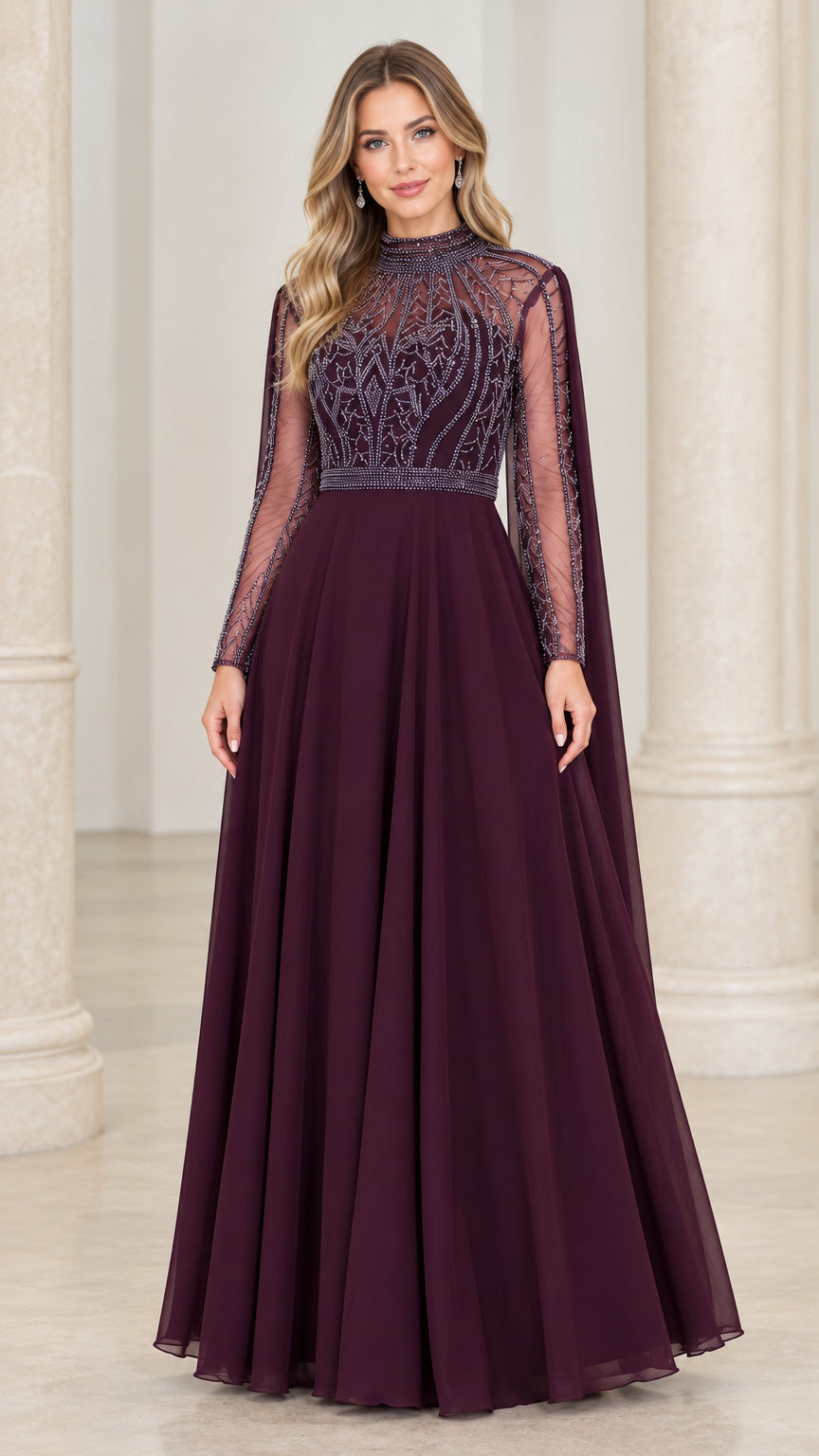 Front full-length view of plum high-neck beaded illusion long sleeve formal evening gown
