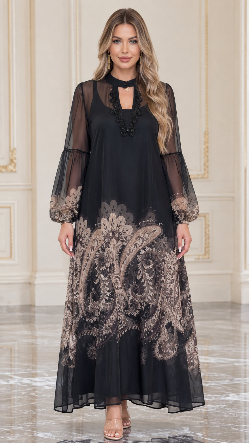 Front full view of black sheer sleeve paisley printed maxi dress on model
