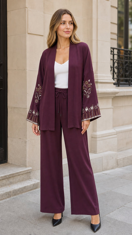 Women's embroidered open front cardigan and wide leg pant set in plum