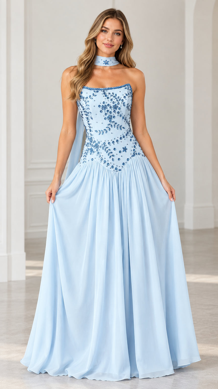 Front view of light blue strapless beaded evening gown with matching neck scarf