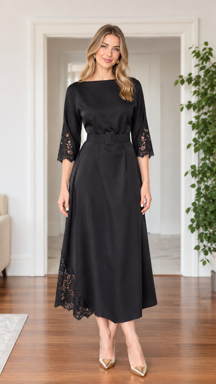 Front full-length view of woman wearing black boat neck lace trim midi dress with belt