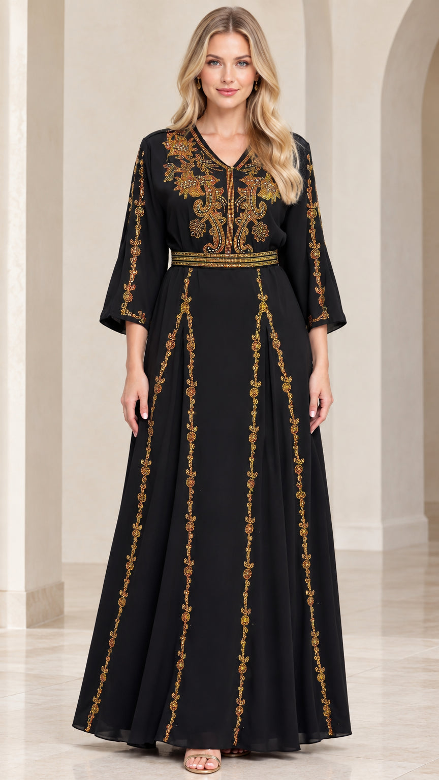 Front full view of black embroidered V-neck maxi dress with gold detailing