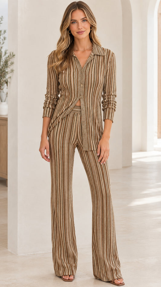 Front full view of woman wearing Camel striped ribbed knit collared shirt and flare pants set