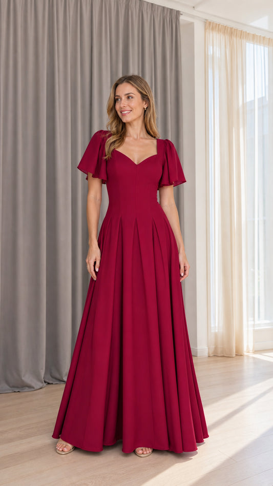 Front view of model wearing burgundy square neck maxi dress