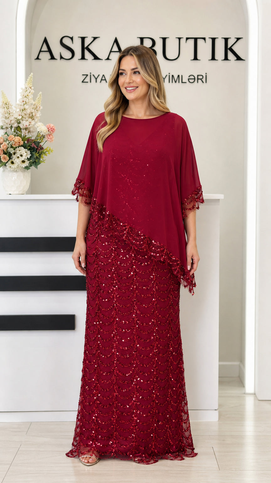 Burgundy sequin maxi evening dress with asymmetrical chiffon capelet front view