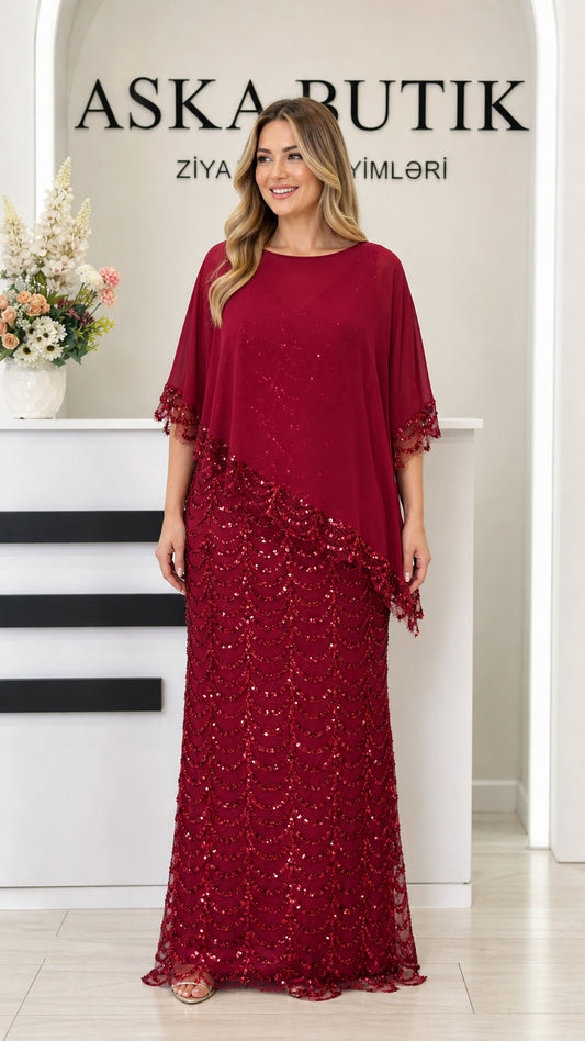 Burgundy sequin maxi evening dress with asymmetrical chiffon capelet front view